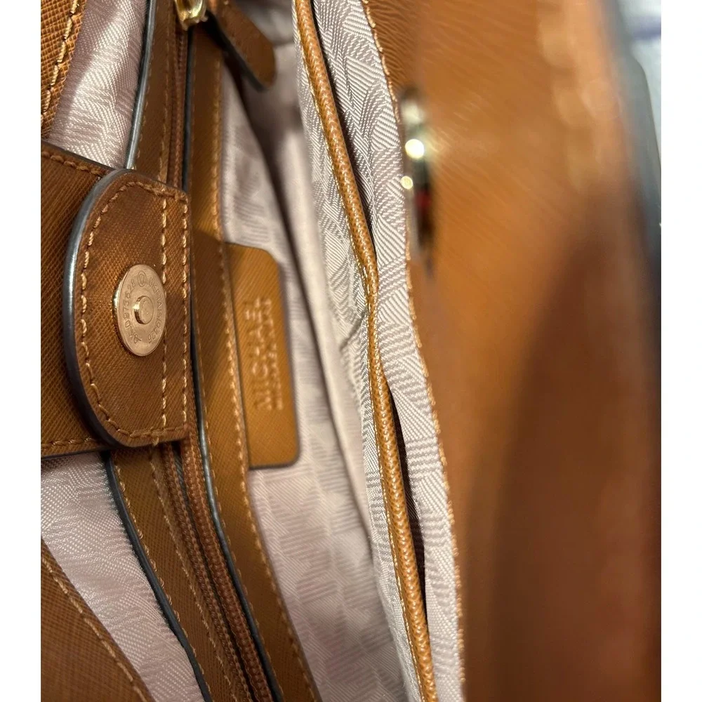 Michael Kors Hamilton Satchel Bag Brown Center Stripe Luggage Saffiano Leather